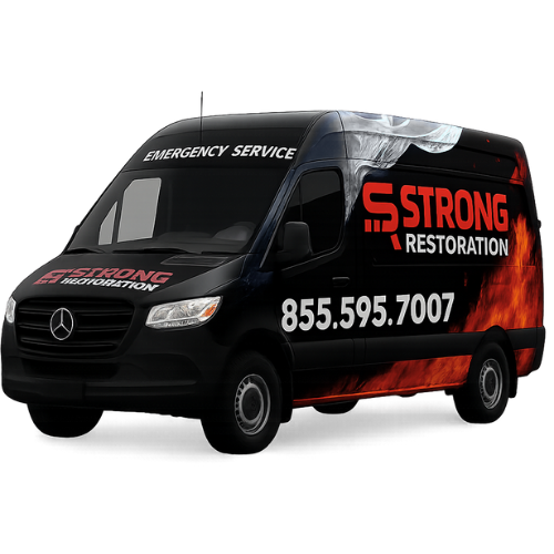 Strong Restoration service truck and crew responding to emergency property damage call in the United States.